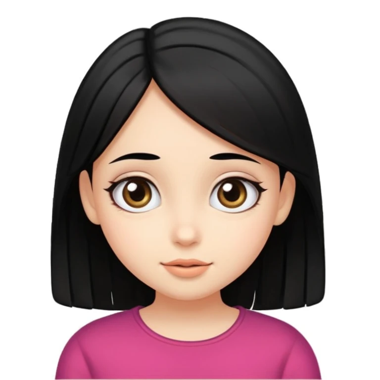 Crear emoji de una chica de piel blanca ojos grandes negro pelo lacio negro con raya al medio tierna, dulce y alegre emoji