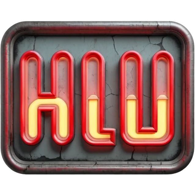 Minimalist emoji-style sticker of a flickering neon sign “HELLWOOD”, cracked letters, some missing, grayscale tubes with only faint glow in faded red

 emoji