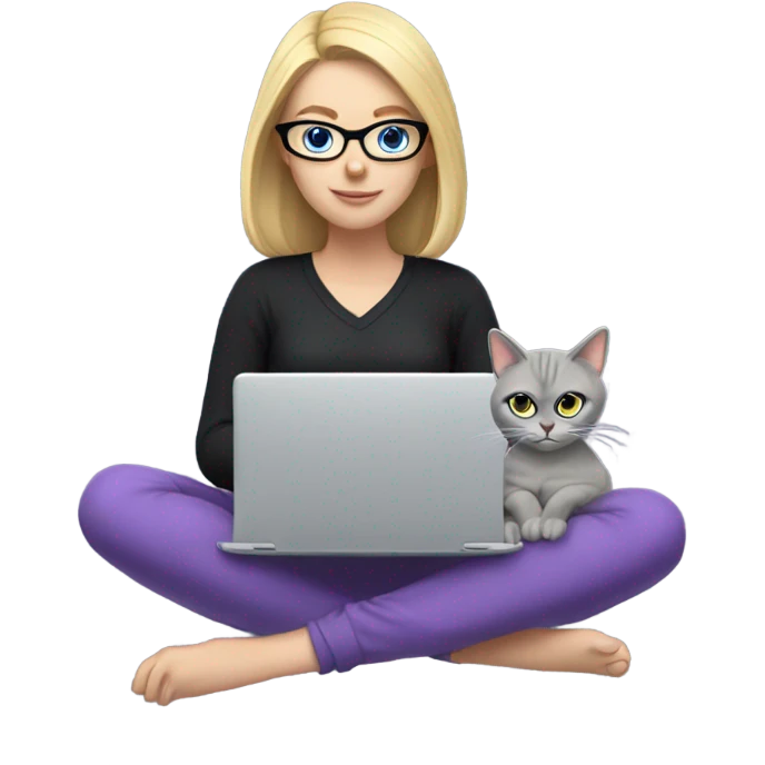Blonde girl with blue eyes, wearing black glasses and a purple long-sleeve shirt, sitting with a computer and a grey cat. emoji