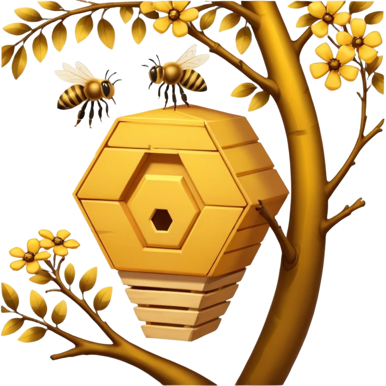 A small hive nestled between tree branches with worker bees. emoji