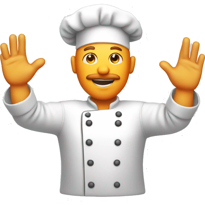 Bald man with an orange beard dressed as a chef raises his hand in the air emoji