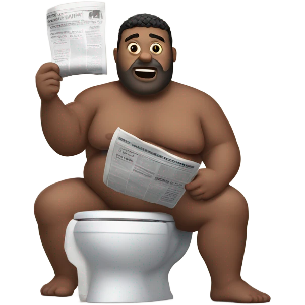 fat guy sitting on toilet reading newspaper no shirt front view emoji