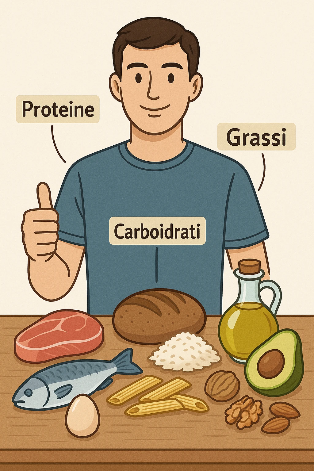 uomo che fa alimentazione attraverso i giusti macronutrienti. Scritte in ITALIANO emoji