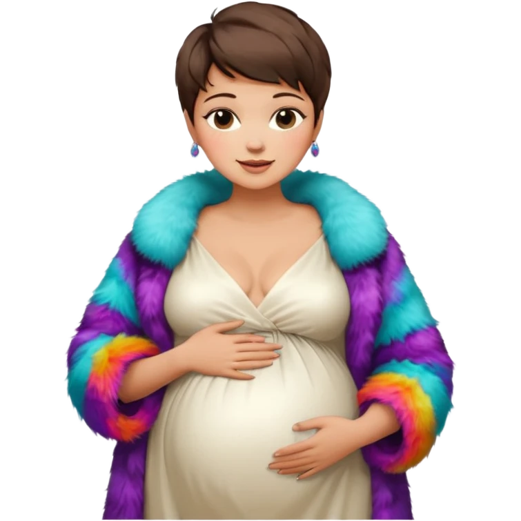 pregnant stylish woman with short pixie brunette hair happily touching her big belly while wearing white gown and fancy fur coat and colorful shades emoji
