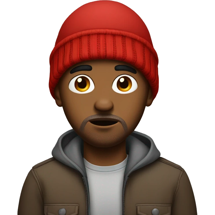 Brown skinned man with gray lips and a red beanie feeling worried  emoji