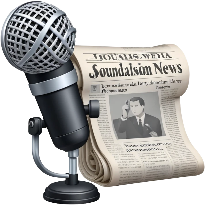 An icon featuring a microphone, a newspaper, and a camera, representing journalism and mass media. The design includes soundwaves and headlines, symbolizing the spread of information and news. Transparent background highlights the power of communication and media. emoji
