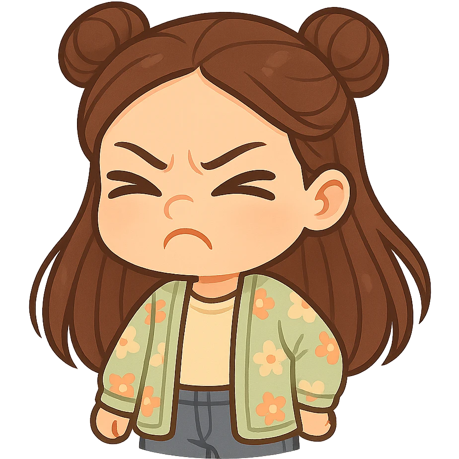 Create a chibi sticker of the girl from the reference image. She has brown straight hair in double buns, brown eyes, wearing a pastel floral cardigan and jeans. She is scrunching up her nose and closing her eyes, looking like she smelled something terrible. The sticker should have a white outline and transparent background, 512x512px. emoji