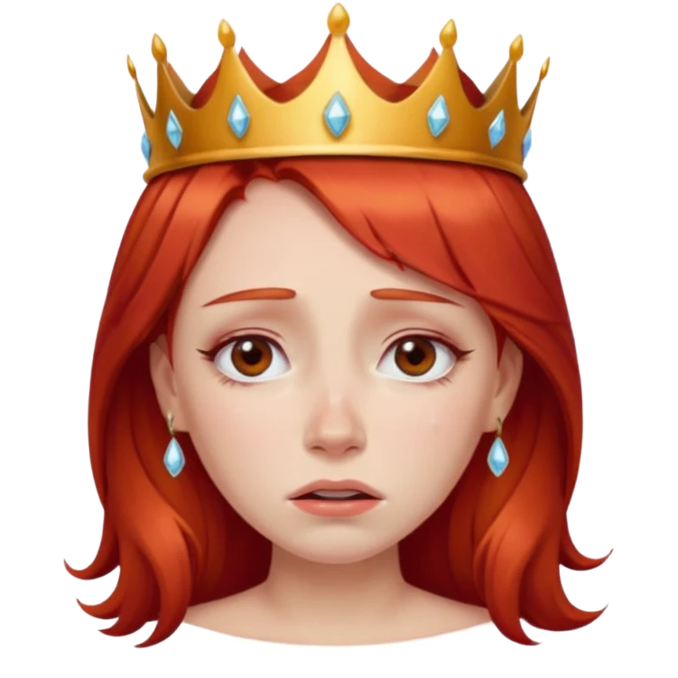 Beautiful lady crying tears can see shoulders red hair and crown on her head emoji