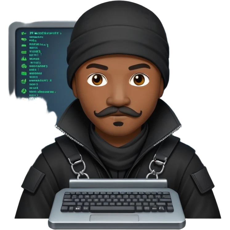 african-american web developer mustache mercenary black asymmetrical ninja hacker terminal command center emoji
