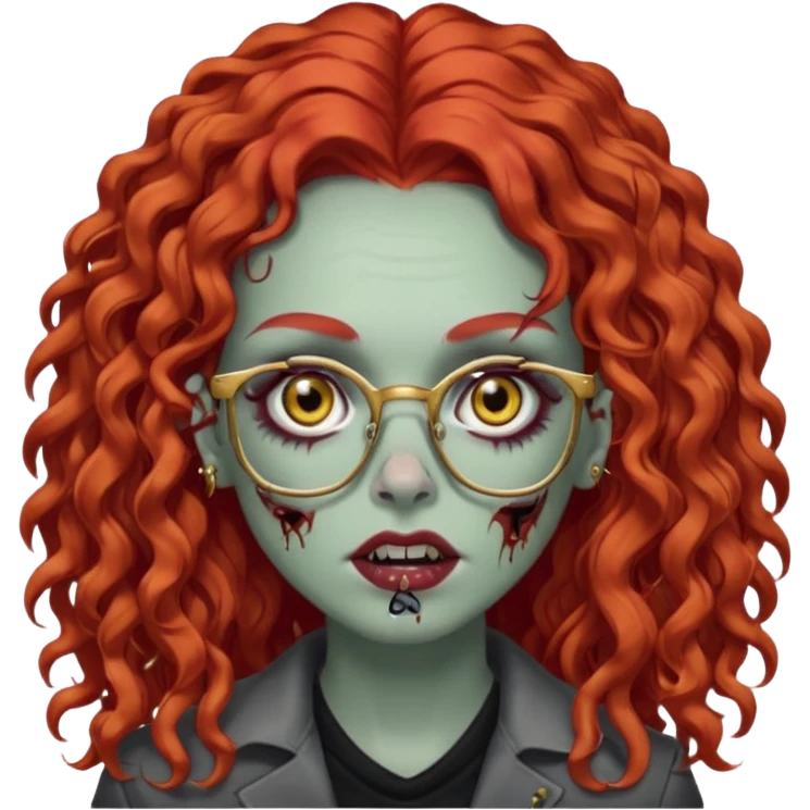 create a zombie with long red curly hair, thick lashes, black square glasses, gold nose piercings on each side of her nose, and a gold eyebrow piercing. emoji