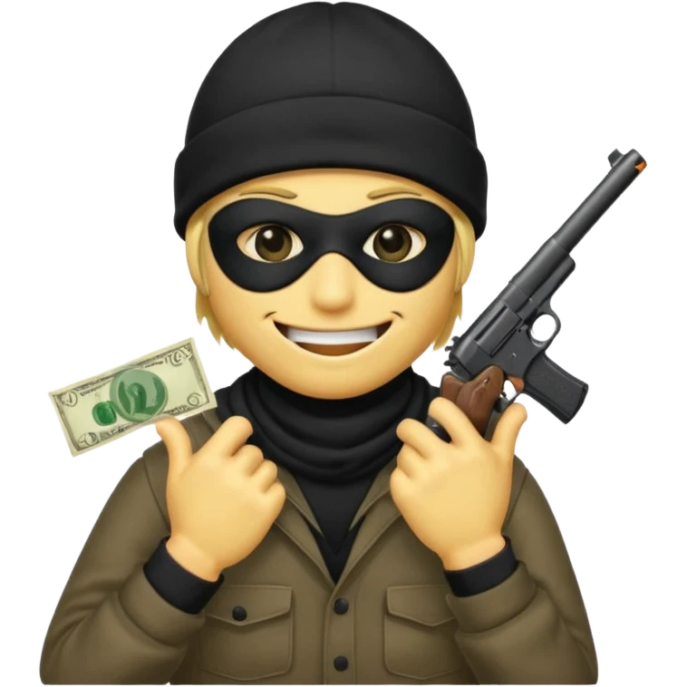 smiley robber wears black eye mask and black beanies with one money bag beside his right side emoji