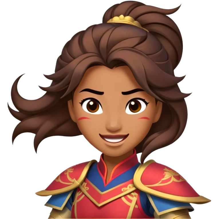 Cinematic Playful Mulan Portrait Emoji, Mid-laugh with a strand of hair falling over her face, adjusting her armor, eyes full of adventure, exuding an irresistible mix of beauty and fun, the perfect blend of warrior and princess! emoji