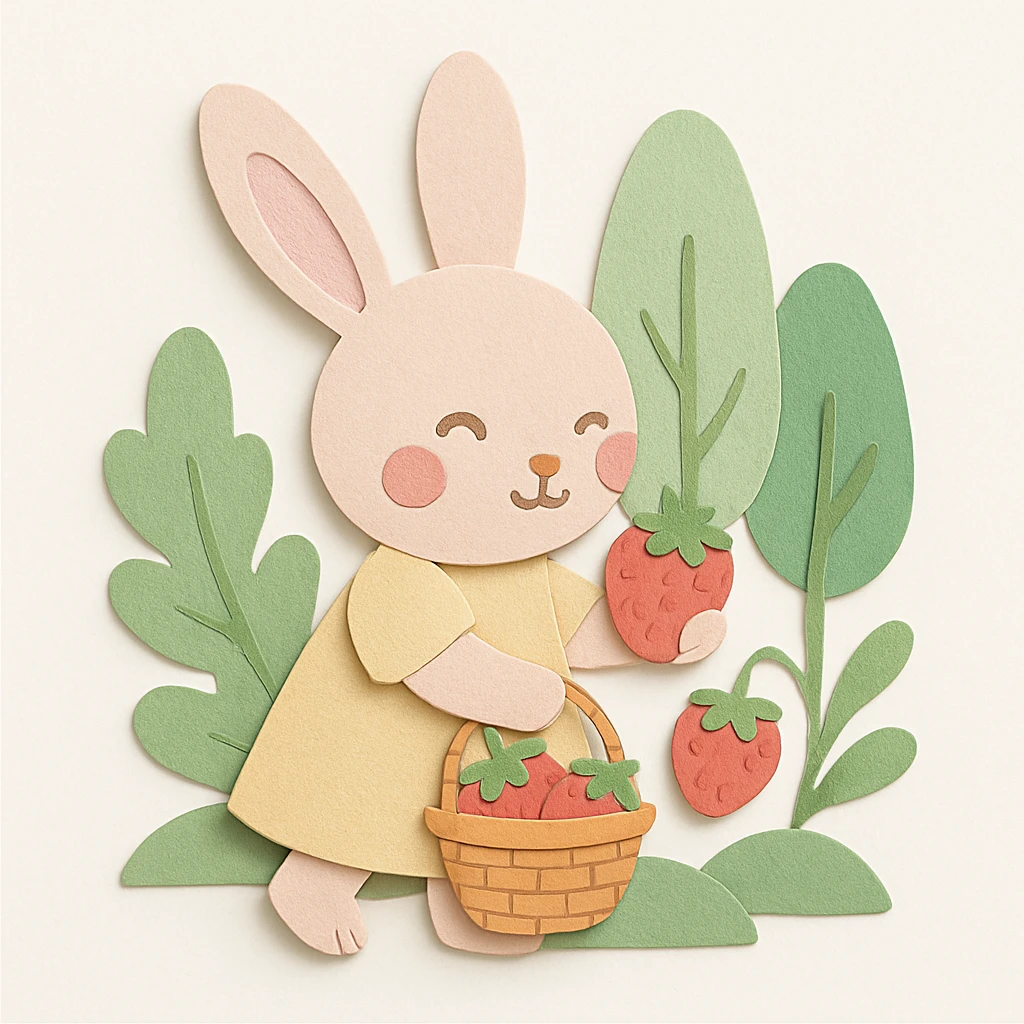 Polish the image for a cleaner, higher-quality look while keeping all design elements unchanged. Bunny picking strawberries in the woods, sweet pastel red, paper-craft style, soft pastel color, transparent background. emoji