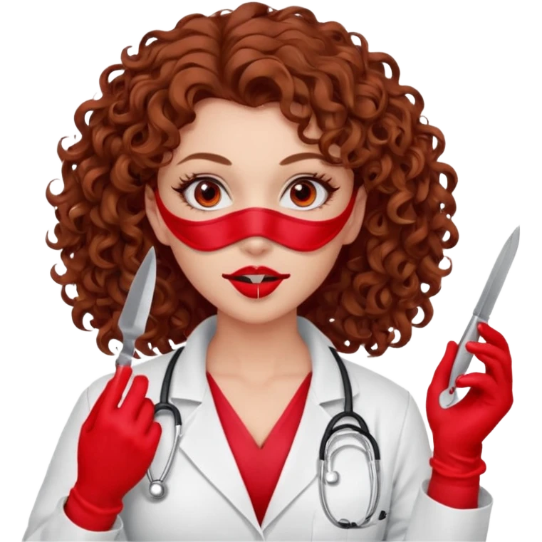 Lilith scalpel in hand, evil surgeon sexy surgeon clothes.  She has red eyes.  Hair is long. Hair is brown and curly hair. Wears sexy doctor outfit with red gloves. Covers mouth and neck mask  red emoji