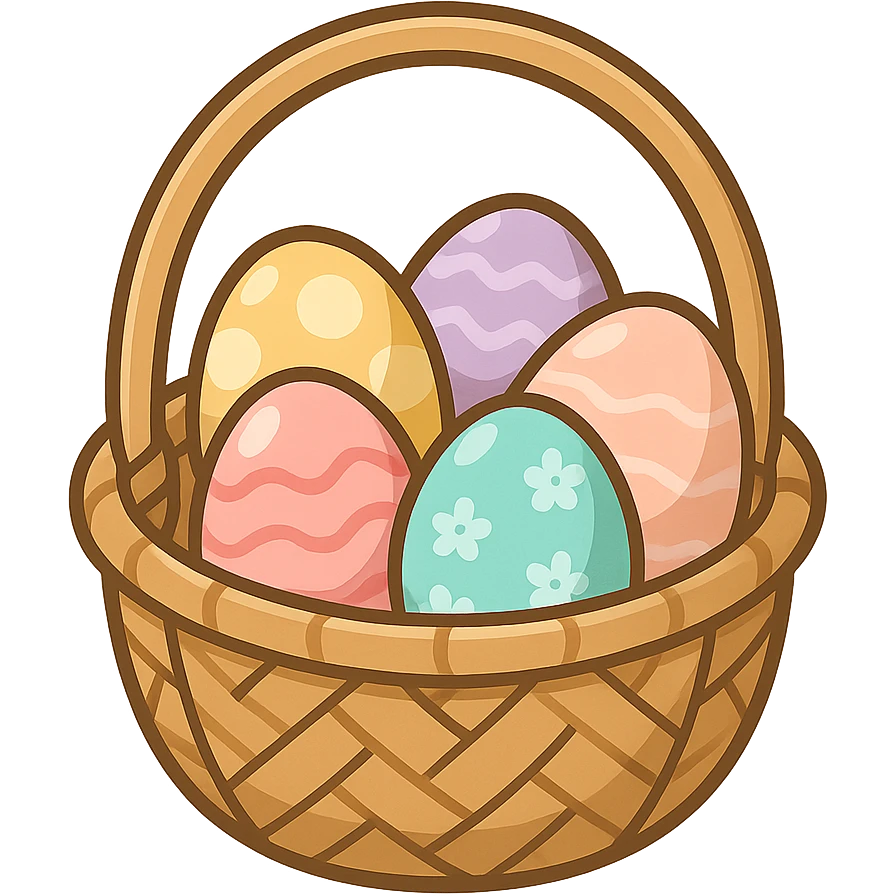 一个竹子编的篮子，篮子里面装着许多复活节的复活蛋 emoji