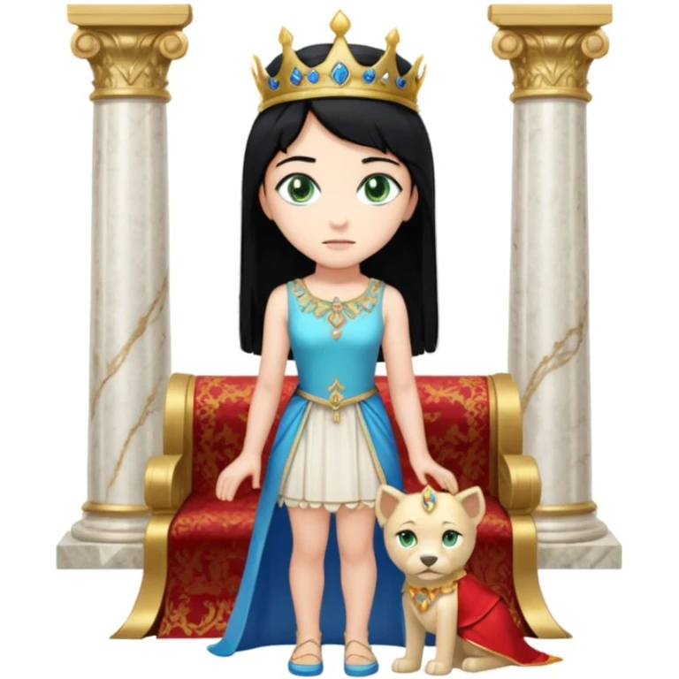 King, standing, black Hair, blue eyes, female servant, blonde, green eyes, shott white sleveless dress, kneeling, background palace emoji
