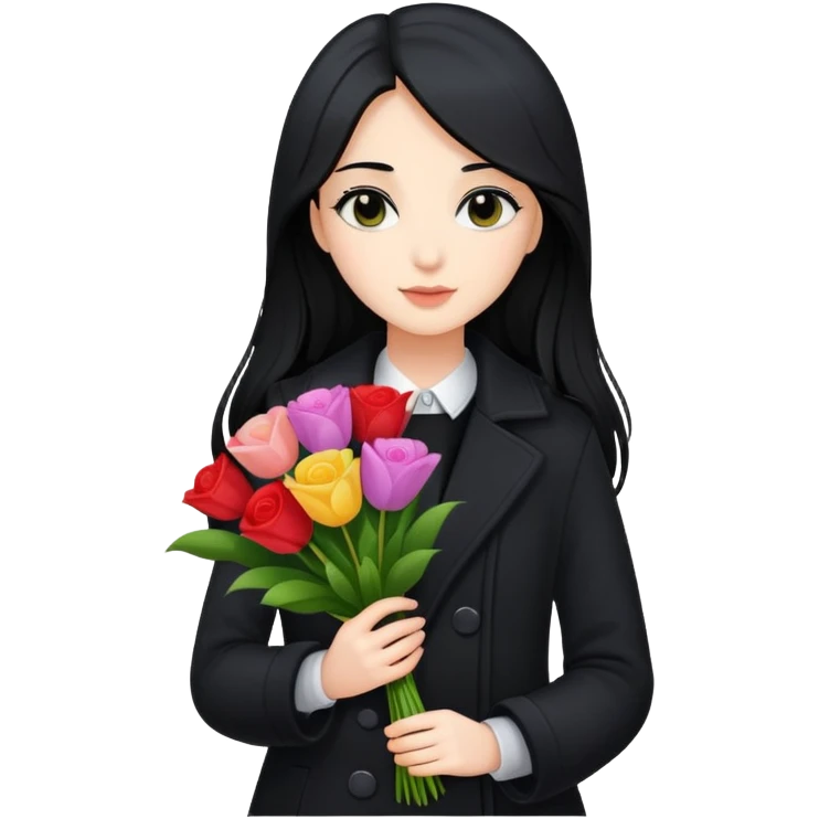 beautiful girl with long black hair wearing a black coat holding a bouquet of flowers emoji