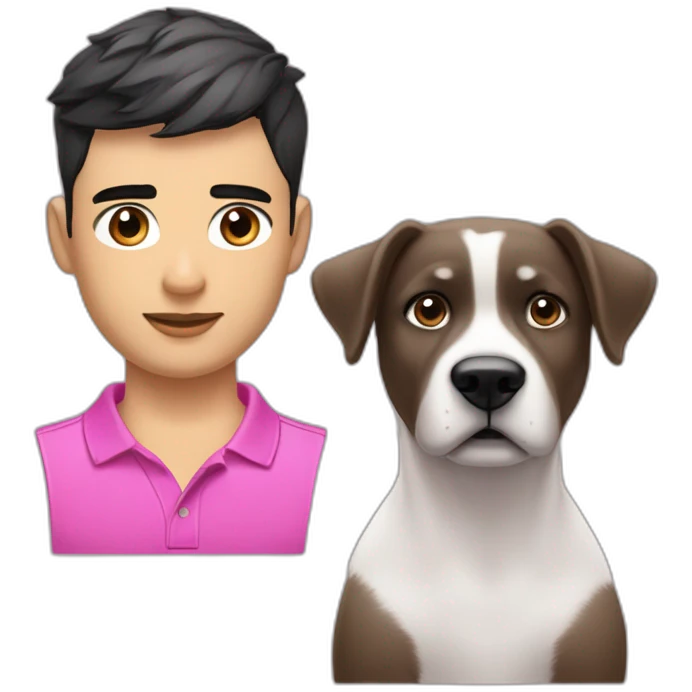 young handsome man with straight short dark hair and dark eyes with large eyelashes and plump pink lips protruding cheekbones in a sports polo shirt with a dog emoji