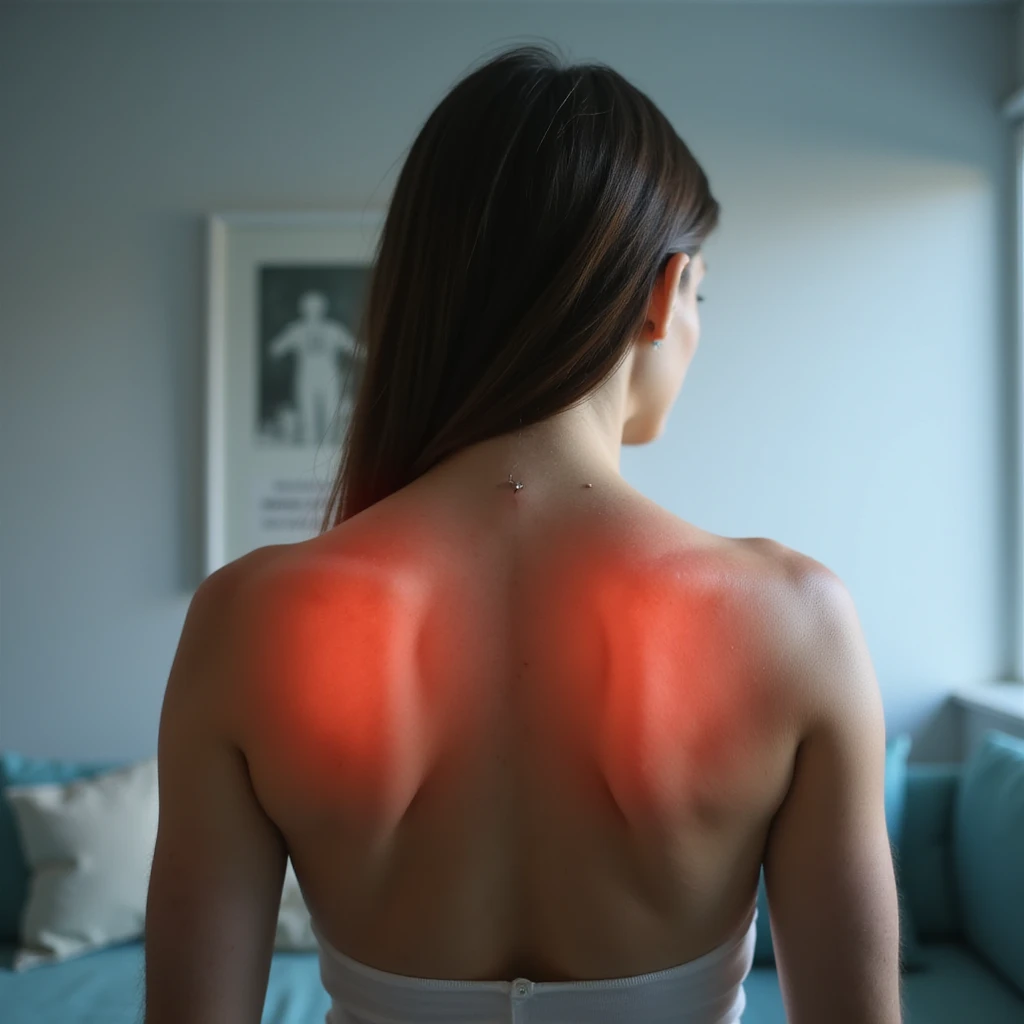 hyperrealistic 4K image of a woman seen from behind with inflamed shoulder blades, red skin between the shoulder blades, clinical environment, variant 5 with slightly changed torso position emoji