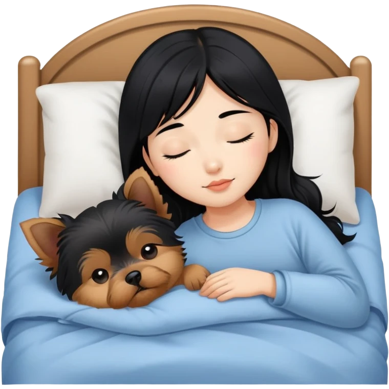 pretty asian girl with black hair sleeping in bed with small yorkshire terrier emoji