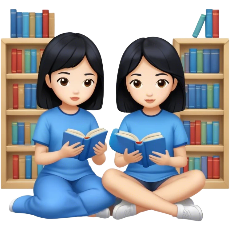 two asian girls black hair sitting reading blue books emoji