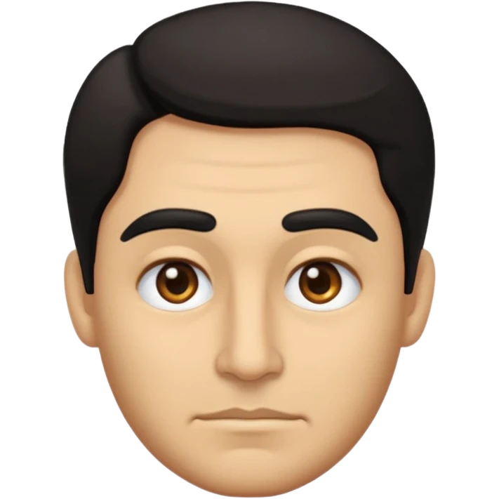 emoji a medio cuerpo hasta la cintura, hombros anchos, de un hombre, con cejas gruesas inclinadas hacia abajo, nariz medio grande, hombros anchos, sin sonrisa, hombros anchos, cabello medio ondulado con un corte juvenil, cabello negro. ojos negros. emoji