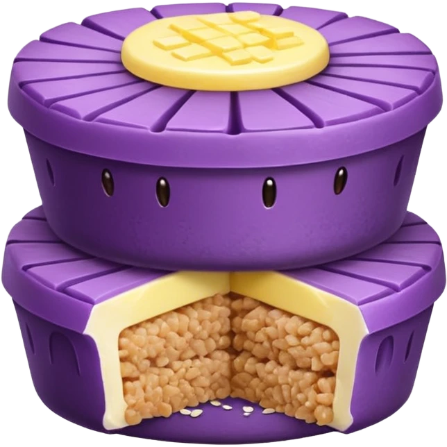 Create an emoji-style illustration of puto bumbong. Purple steamed rice cakes stacked together, topped with butter, grated coconut, and brown sugar. Cute, clean, iOS-style emoji look emoji