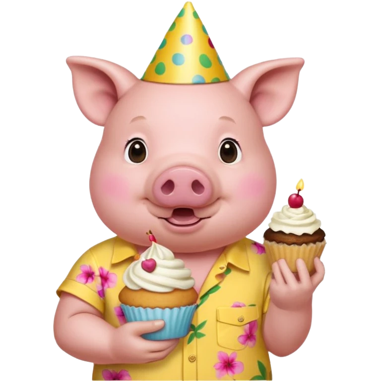 Pig with  yellow aloha shirt, birthday hat, holding a cupcake emoji