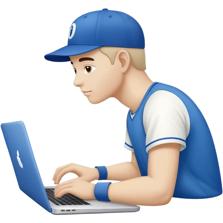 men with a blue white colored baseball cap seen from the side working on a laptop. Baseball cap says "On it" emoji