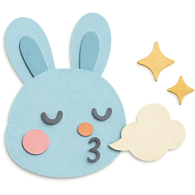 pastel blue bunny with cloud, blowing a kiss with sparkles, paper-craft style emoji