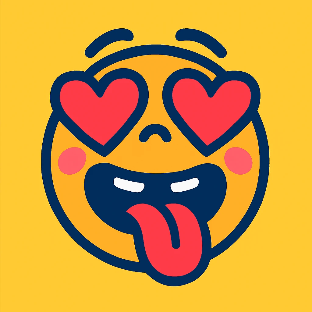 Add heart eyes to the vibrant toon style face with tongue sticking out, eyes crossed, blushing, silly expression. emoji