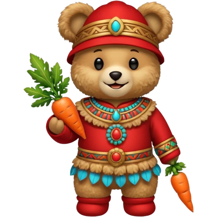 teddy bear, wearing red mayan ancient custome, with carrot emoji