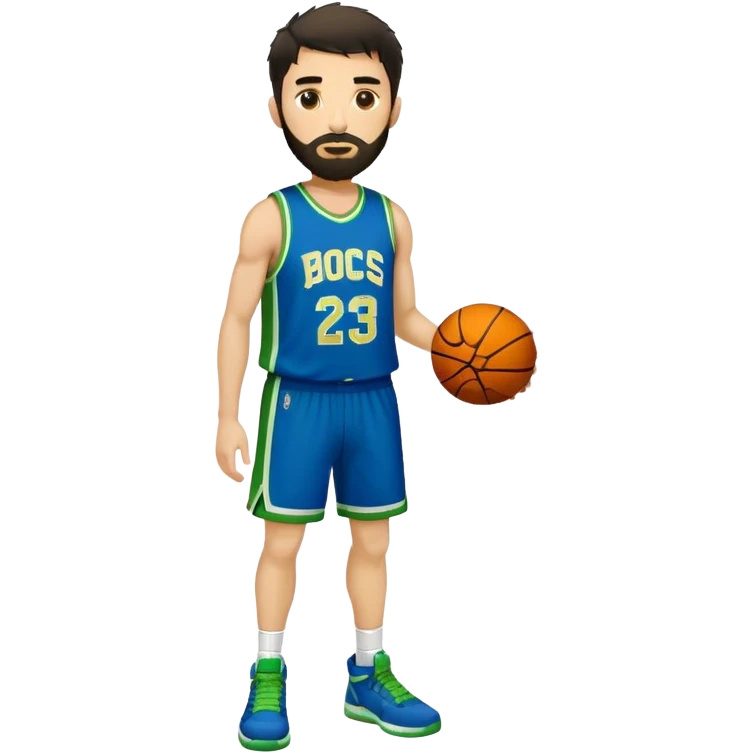 Full Body  white male basketball player with short shaggy dark hair and gold tee beard wearing blue and green uniform emoji