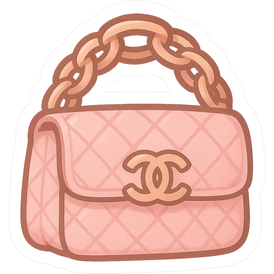 pink Chanel purse, cute and exaggerated chibi stickers style emoji