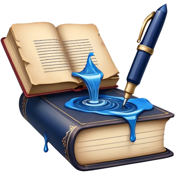 Create a vibrant emoji representing prose writing with an old-style, antique look. The design should include semi-turned pages of an old book with unfinished prose written on them. Add a vintage ink bottle (inkwell) and a classic fountain pen or quill with black or dark blue ink flowing onto the pages. Use warm, earthy tones like deep browns, golds, and creams for the book and ink bottle, with subtle ink splatters for an artistic touch. The overall style should evoke a sense of timeless storytelling and literary craftsmanship. Make the background transparent. emoji