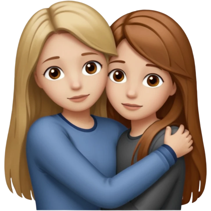 Two girls are hugging. One has dirty blonde hair with a little reddish in it. She has also grey eyes. Her hair is long and straight. The other girl has dark brown hair with hazel eyes emoji