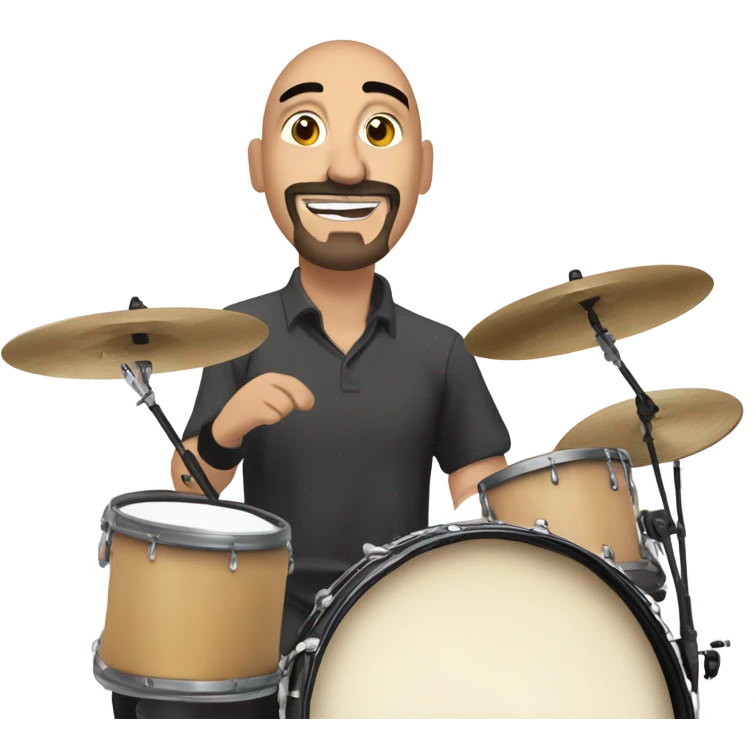 draw a bald mexican drummer with  goatee beard, widely smiling and enthusiastically playing drums during a live stream. The logo "JAVI IDA" should be visible in the background. emoji