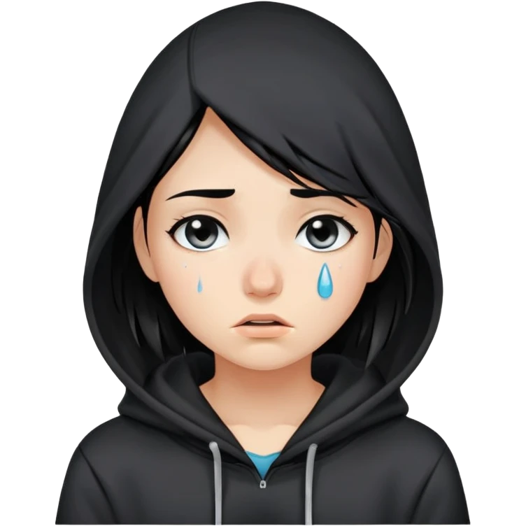 girl with black hair in black hoodie with tears streaming down her face emoji