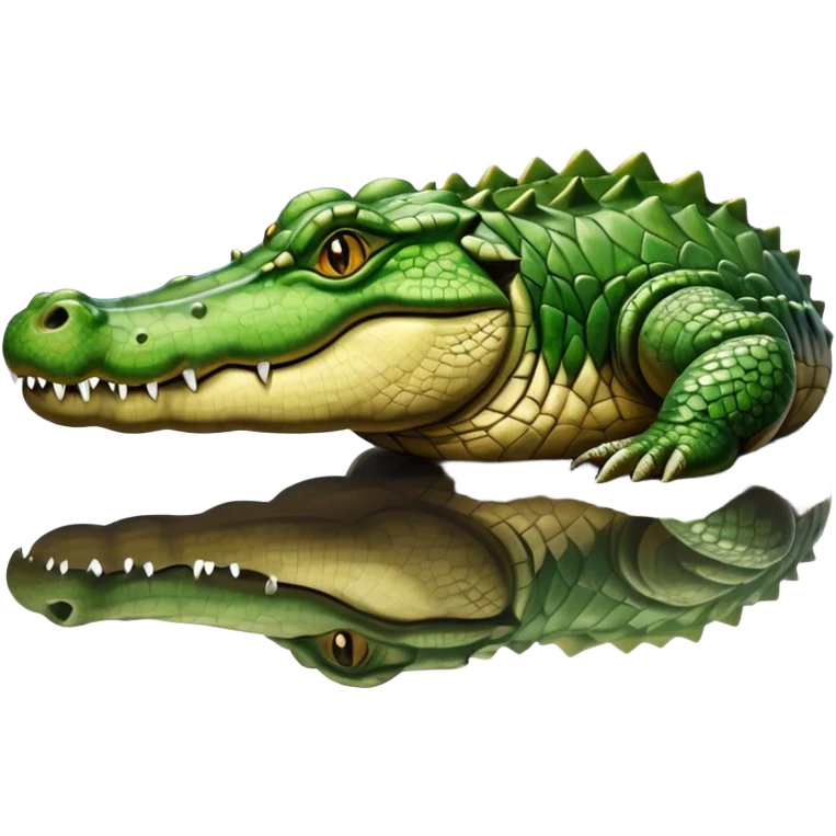 A large crocodile resting on a riverbank, part of its body in water, realistic scales and reflections, natural sunlight. emoji