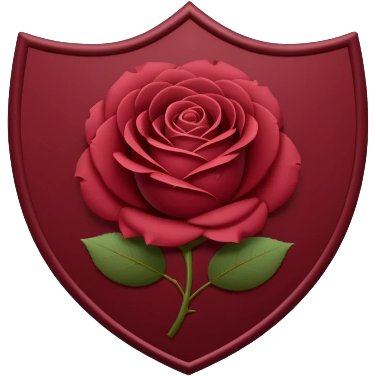 A smooth, rounded shield silhouette in deep wine red (#7A0F1E) with a centered minimalist rose emblem. The rose should be elegant and simple, with soft curved petals and subtle symmetry. emoji
