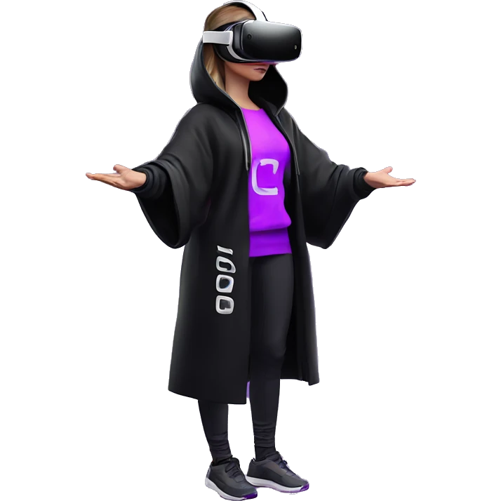 Russian girl wearing black hoody with violet letters "OMG", in vr headset oculus quest2. Standing like jedi. Cyberpunk style. Violet neon. emoji