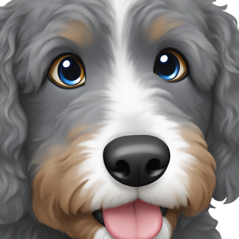  grey bernedoodle with one blue eye and one brown eye emoji
