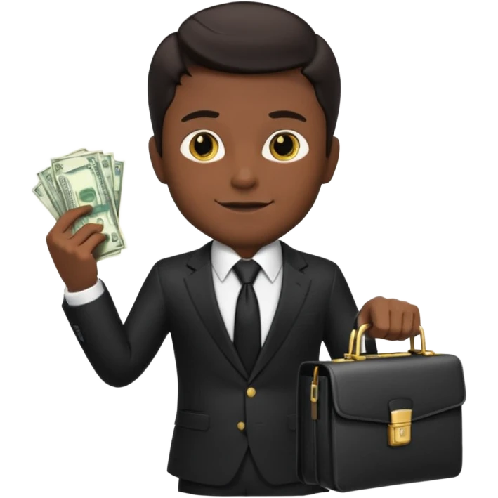 male memoji, dark hair, luxury black suit and tie, holding briefcase and cash, gold watch on wrist, confident smirk, billionaire aura emoji