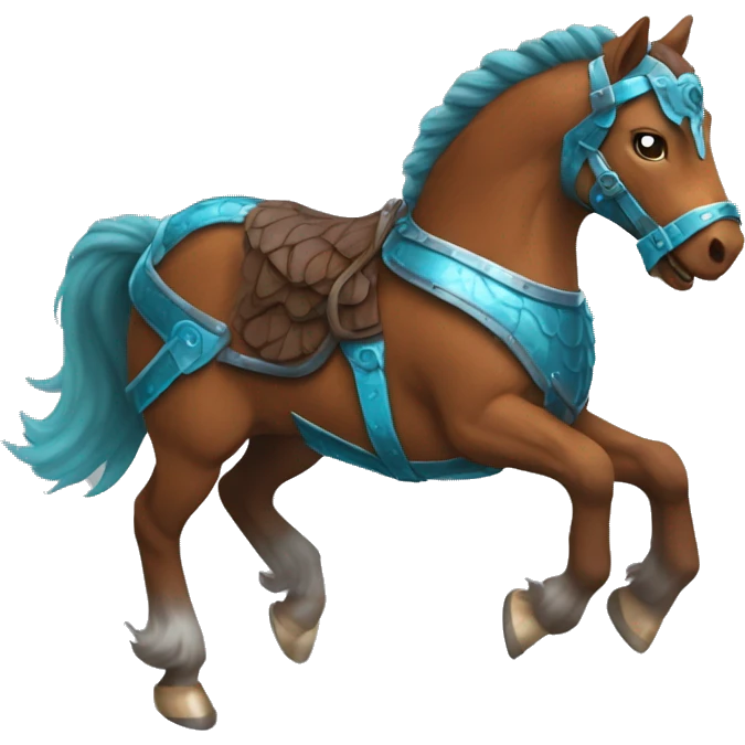 Chestnut brindle brindled horse running galloping wearing blue and cyan armour  emoji