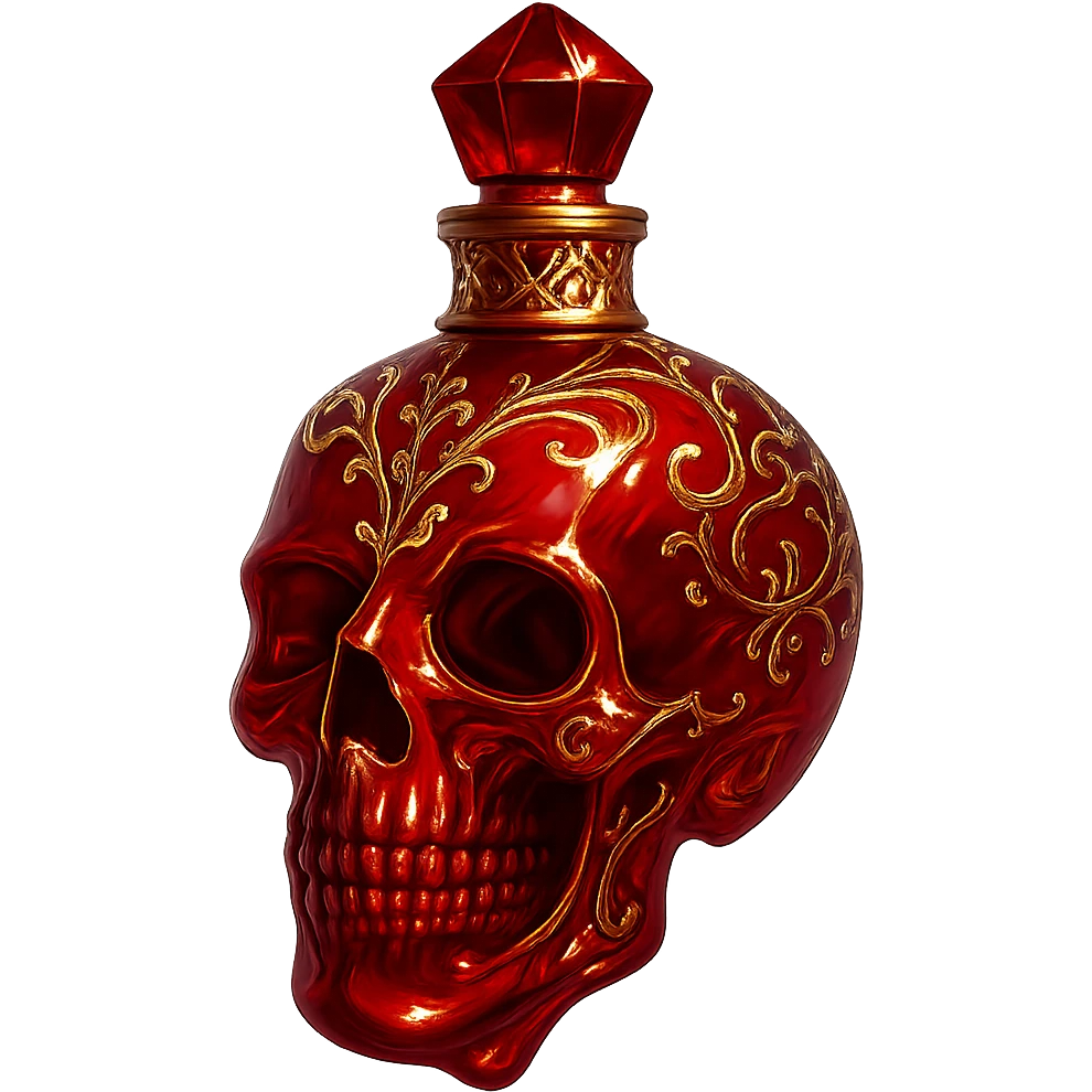 luxurious red elixir bottle in the shape of a skull, very small, barely visible golden collar, lots of shine, edges, light refractions, golden details, ornaments, magical effects, transparent background, beautiful merging bottom, bottle clearly hanging in the air, no base or shadow, premium class impression, design matching a collection of crystal, luxurious, magical bottles emoji