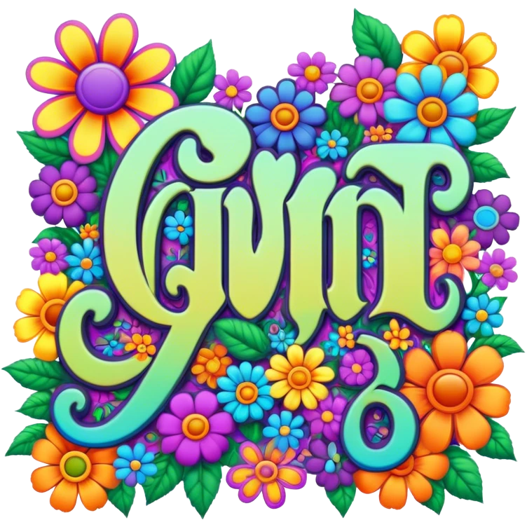 3D, gothic style psychedelic colored word “Gwynn” with hippie style flower border emoji