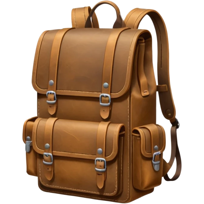 A sturdy, weathered leather backpack with metal-reinforced flaps and deep, practical pockets. Scratched and rugged from long travel, it has a solid, utilitarian look—built for harsh roads and hard use. emoji