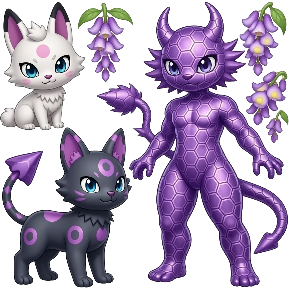 Realistic honeycomb-patterned shiny Wisteria-Thistle-Violet-colored Demonic Furret-Umbreon-Noibat-Litten-Zorua-Pokémon-Fakémon-hybrid emoji