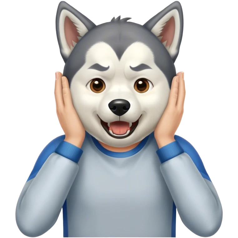 Man covering his ears from a yelling husky dog emoji