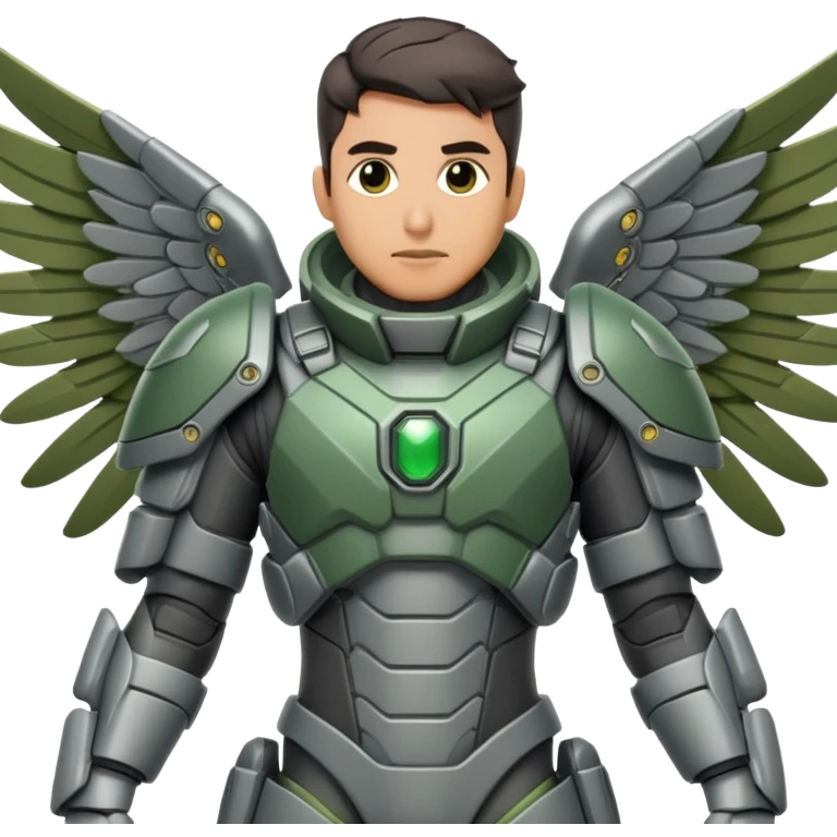 Danny ramirez wear a detailed grey and green tactical suit.
Large, articulated mechanical wings are spread wide. emoji